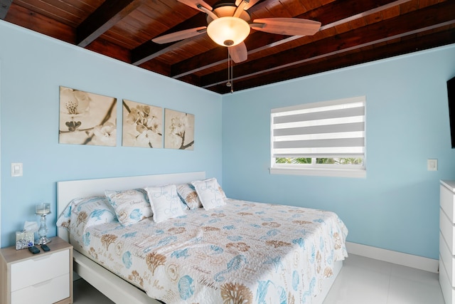 66 Seagate Blvd, Key Largo, FL 33037 - bedroom featuring wooden ceiling with exposed beams, baseboards, and a ceiling fan