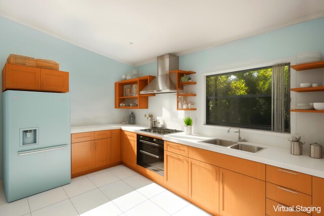 kitchen featuring sink, fridge with ice dispenser, ornamental molding, wall oven, and wall chimney range hood