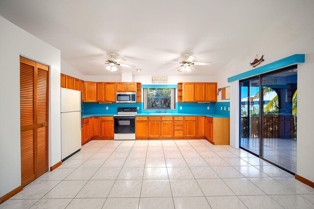 kitchen with sink, ceiling fan, electric range, white refrigerator, and light tile patterned flooring