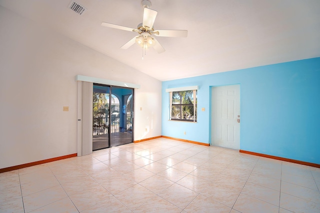 tiled spare room featuring a wealth of natural light, high vaulted ceiling, and ceiling fan