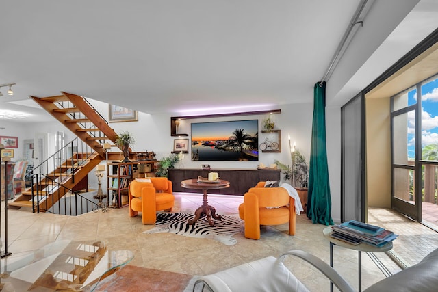 tiled living room with stairway