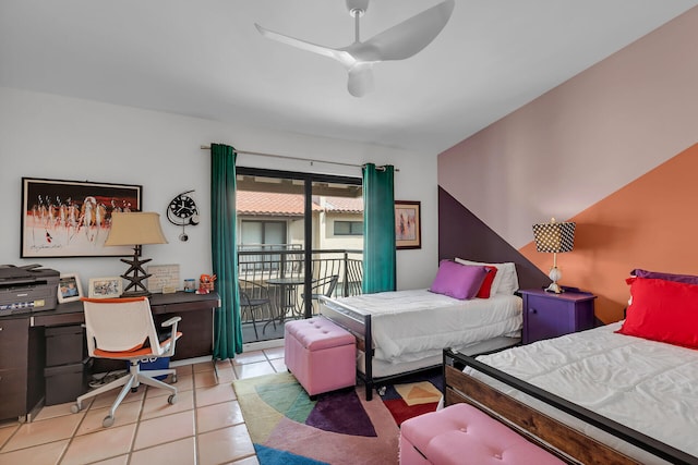 bedroom featuring light tile patterned floors, ceiling fan, and access to exterior