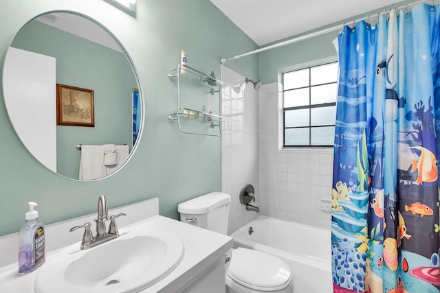 full bathroom featuring toilet, vanity, and shower / bathtub combination with curtain