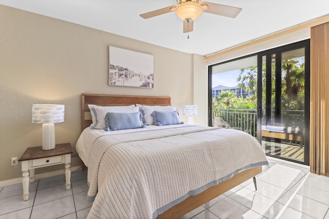 tiled bedroom featuring access to exterior and ceiling fan