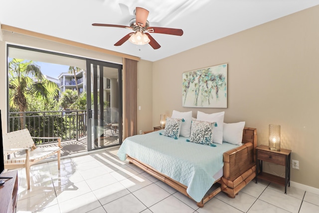 bedroom with light tile patterned floors, access to outside, and ceiling fan