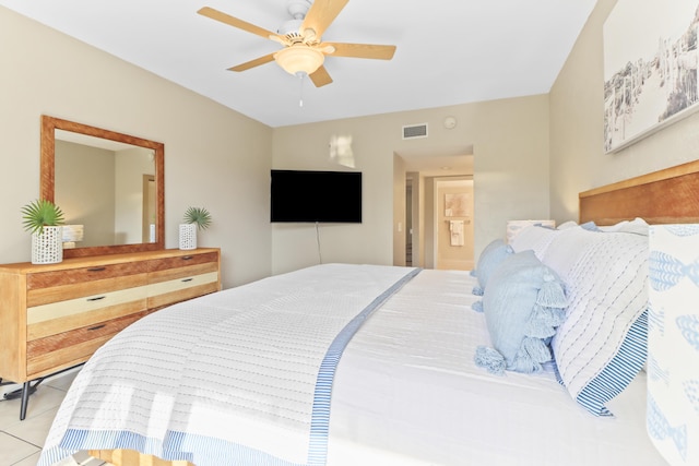 bedroom featuring ceiling fan and light tile patterned floors