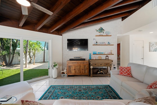 living room with light tile patterned flooring, vaulted ceiling with beams, wooden ceiling, and ceiling fan