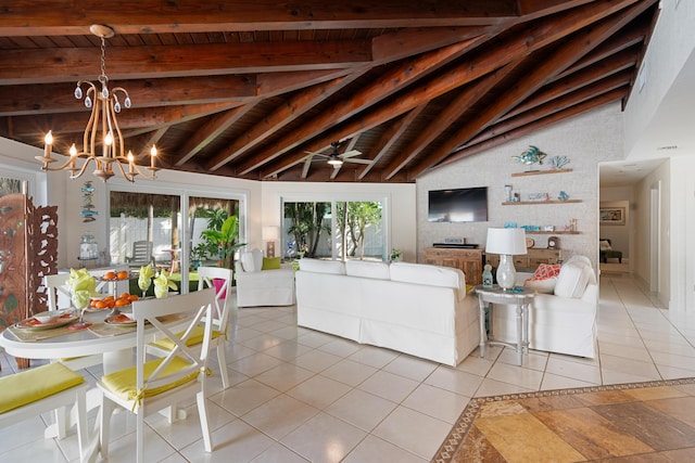 tiled living room with lofted ceiling with beams, ceiling fan with notable chandelier, and wood ceiling