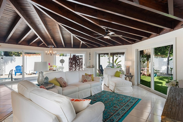 sunroom with ceiling fan with notable chandelier, wood ceiling, and lofted ceiling with beams