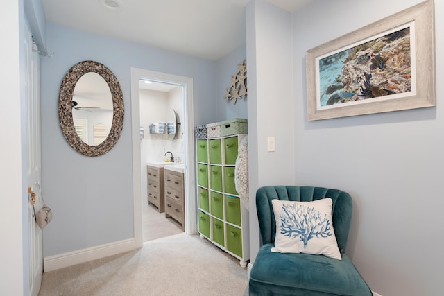 sitting room with sink and light carpet