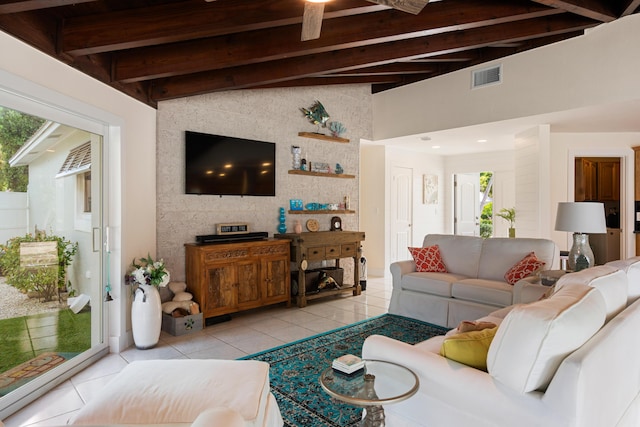 tiled living room with vaulted ceiling with beams