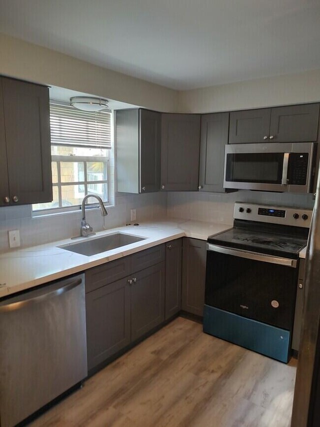 kitchen with stainless steel appliances, sink, light wood-type flooring, and decorative backsplash