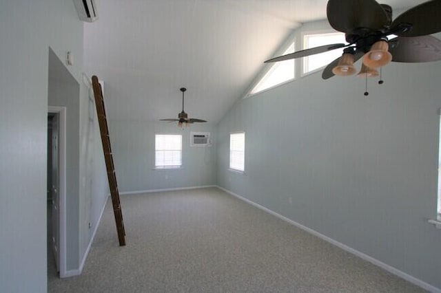 unfurnished room with high vaulted ceiling, light colored carpet, and ceiling fan