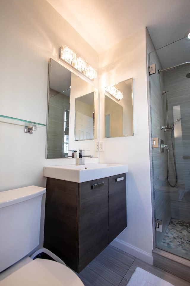 bathroom with vanity, an enclosed shower, and toilet