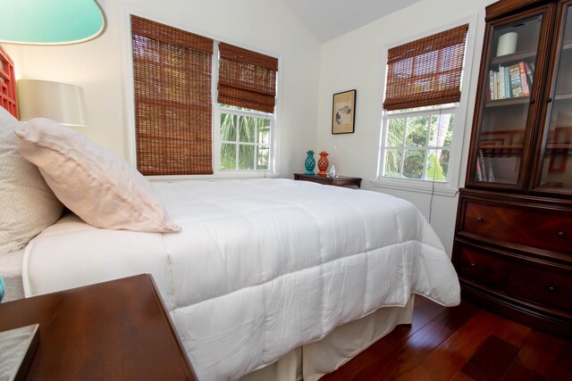 bedroom with lofted ceiling and dark hardwood / wood-style floors