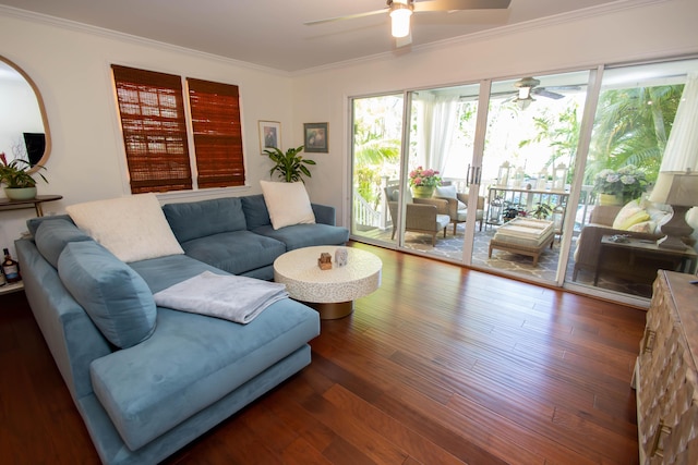 living room featuring crown molding, ceiling fan, and dark hardwood / wood-style floors