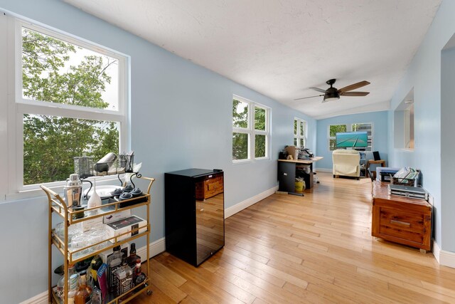 interior space featuring vaulted ceiling, ceiling fan, and light hardwood / wood-style flooring