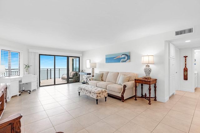 tiled living room with built in desk