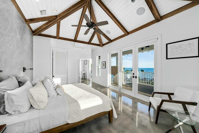 bedroom with french doors, concrete flooring, a water view, beamed ceiling, and access to exterior