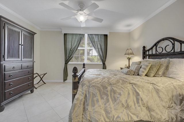 tiled bedroom with ceiling fan and ornamental molding