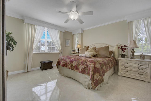 bedroom with crown molding and ceiling fan