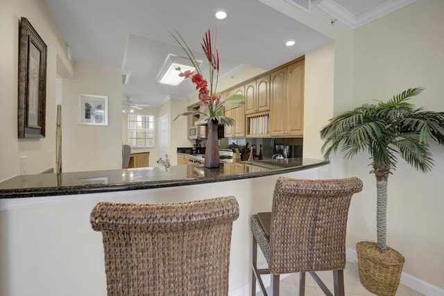 kitchen with dark stone countertops, crown molding, kitchen peninsula, and decorative backsplash