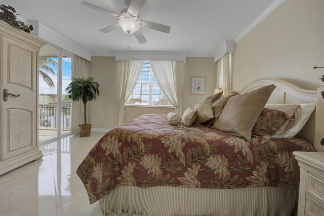 bedroom featuring multiple windows, light tile patterned floors, access to outside, and ornamental molding