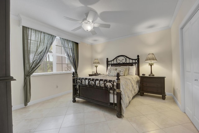 tiled bedroom featuring ornamental molding and ceiling fan