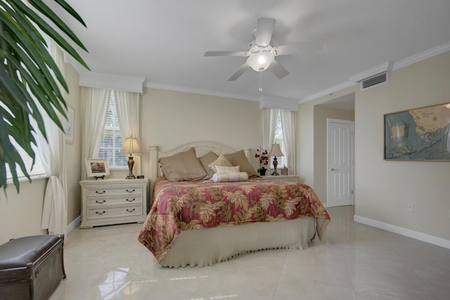 bedroom with ceiling fan, ornamental molding, and light tile patterned floors