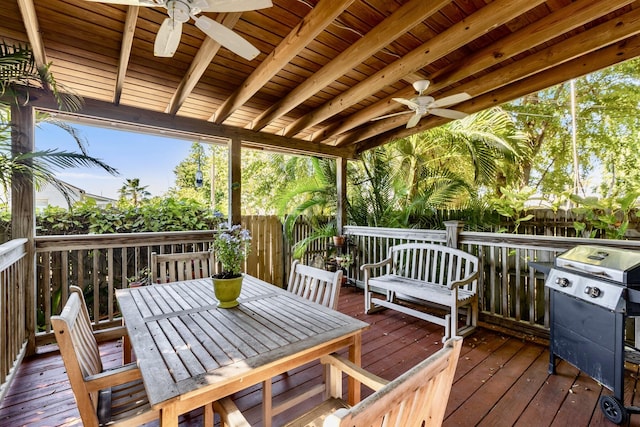 deck featuring a ceiling fan and outdoor dining space