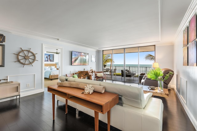 living room featuring expansive windows, ornamental molding, a water view, and dark hardwood / wood-style floors