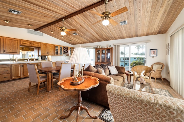 living room featuring ceiling fan, lofted ceiling with beams, and wooden ceiling