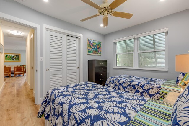 1706 Seminary St, Key West, FL 33040 - bedroom with light wood-style floors, a closet, recessed lighting, and ceiling fan
