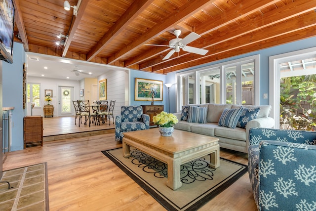 1706 Seminary St, Key West, FL 33040 - living area with ceiling fan, wood finished floors, and a wood ceiling with exposed beams