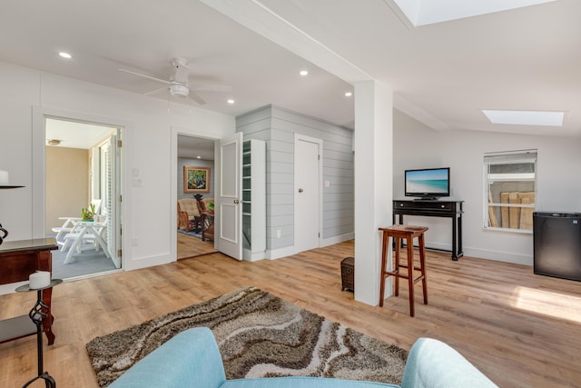 1706 Seminary St, Key West, FL 33040 - living room with a skylight, wood finished floors, ceiling fan, recessed lighting, and lofted ceiling