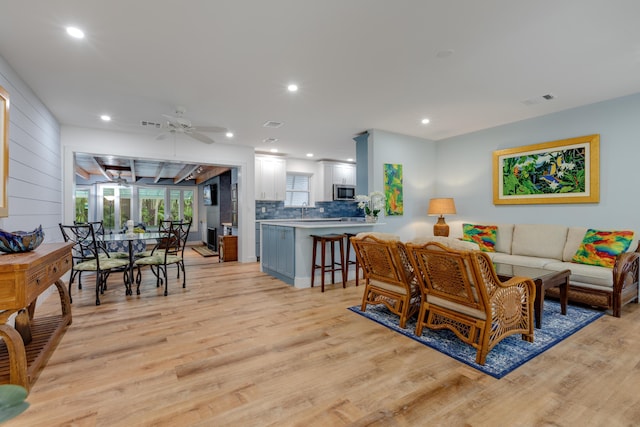 1706 Seminary St, Key West, FL 33040 - living room featuring light wood-style floors, ceiling fan, and recessed lighting