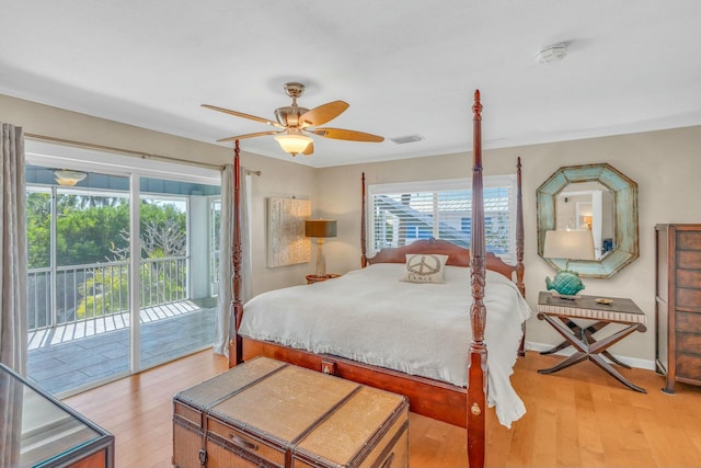 bedroom with access to exterior, light hardwood / wood-style floors, and ceiling fan