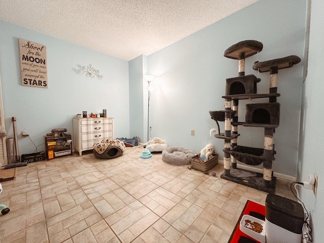 exercise room featuring baseboards and a textured ceiling