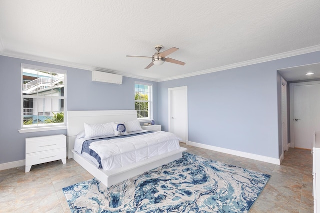 bedroom with crown molding, an AC wall unit, and a textured ceiling