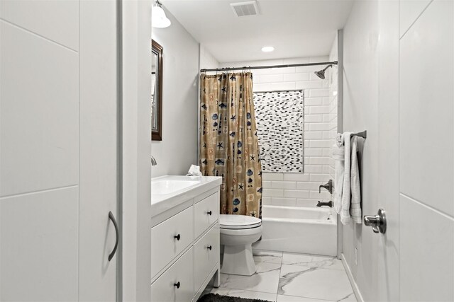 full bathroom with vanity, toilet, and shower / bathtub combination with curtain