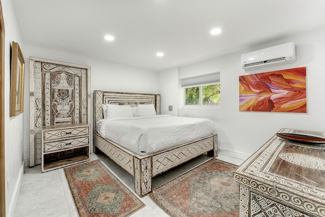 tiled bedroom featuring a wall mounted air conditioner