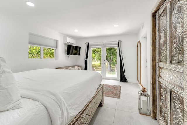 tiled bedroom with a wall mounted air conditioner, access to outside, and french doors