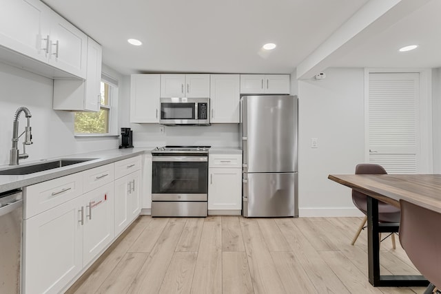 kitchen featuring stainless steel appliances, white cabinetry, sink, and light hardwood / wood-style flooring