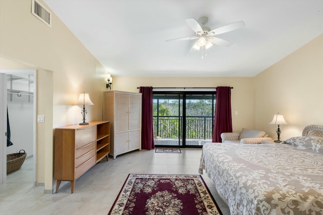 1616 Atlantic Blvd Unit 13, Key West, FL 33040 - bedroom with light tile patterned flooring, a ceiling fan, access to outside, lofted ceiling, and visible vents