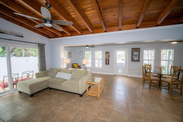 living room with ceiling fan, a wealth of natural light, and wooden ceiling