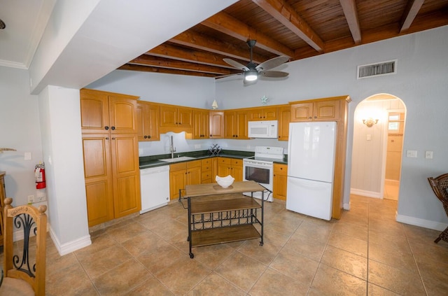 kitchen featuring light tile patterned floors, white appliances, ceiling fan, wood ceiling, and beam ceiling