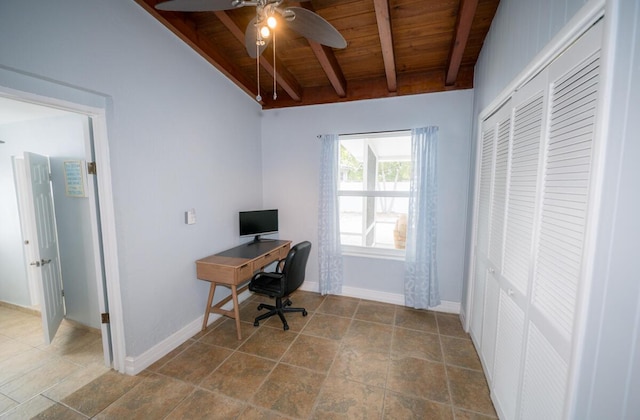 office featuring wood ceiling, lofted ceiling with beams, and ceiling fan