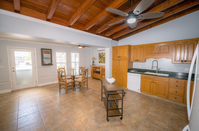 kitchen featuring lofted ceiling with beams, sink, ceiling fan, wood ceiling, and white appliances