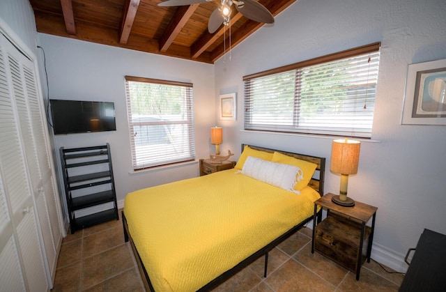 bedroom with vaulted ceiling with beams, wooden ceiling, and ceiling fan