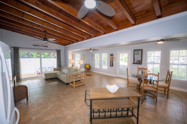 living room with ceiling fan, plenty of natural light, vaulted ceiling with beams, and wood ceiling